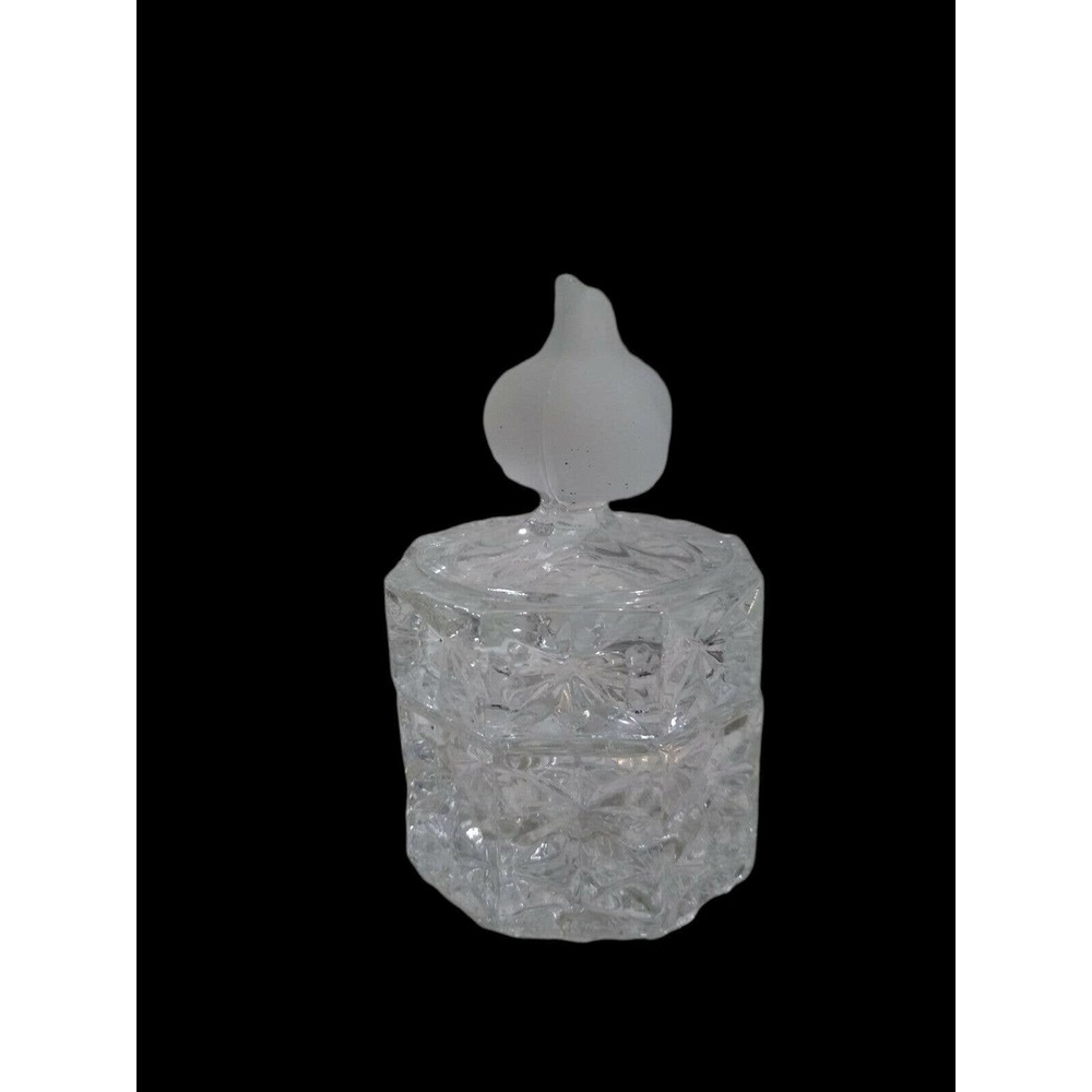 Frosted Bird Clear Glass 6 Sided Trinket Box.